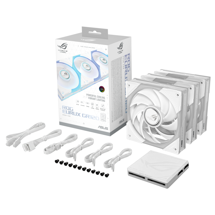 ROG Eurux GR120 ARGB Fan White triple pack color box, with accessories and hub