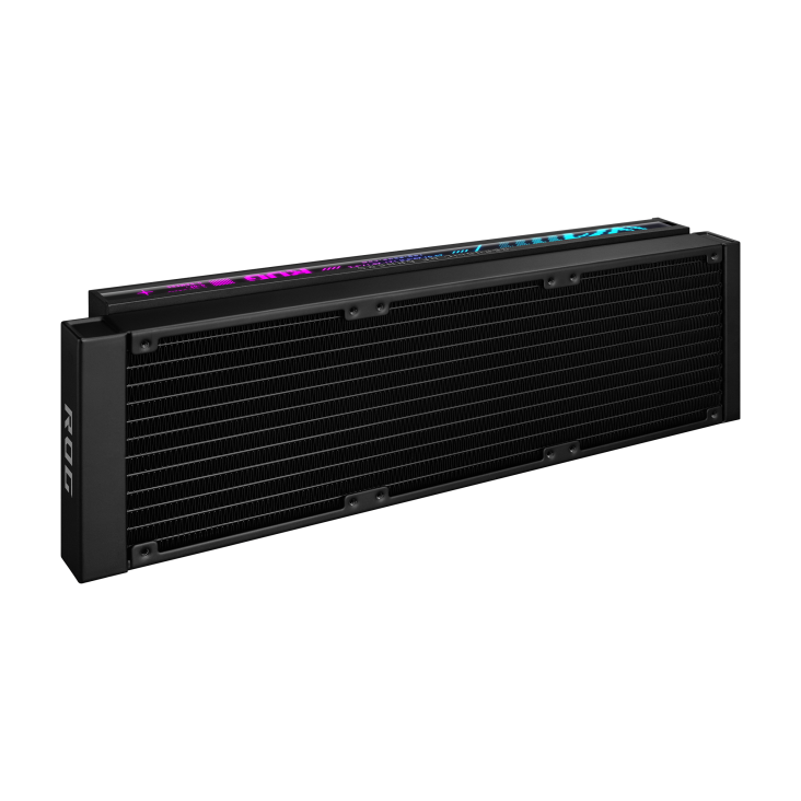 ROG Strix LC IV 360 ARGB LCD – bare radiator only, diagonal angle showing the dense fin pattern and a glowing text strip along the top edge