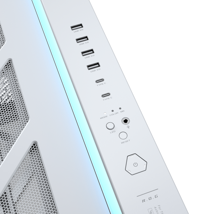 ROG Cronox Dual TG White front I/O panel close-up