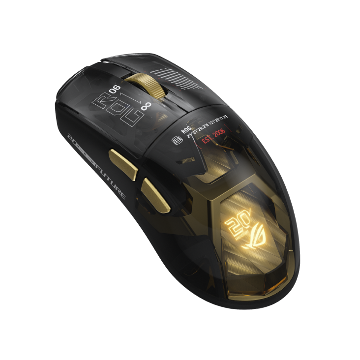 an angled side view of the ROG Harpe II Extreme Edition 20 gaming mouse showing its side buttons