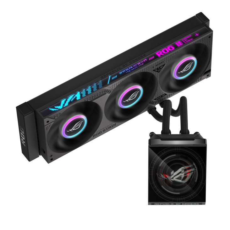 ROG Strix SLC IV 360 ARGB LCD – diagonal floating layout with the radiator upper left and the LCD pump block lower right showing a wallpaper graphic