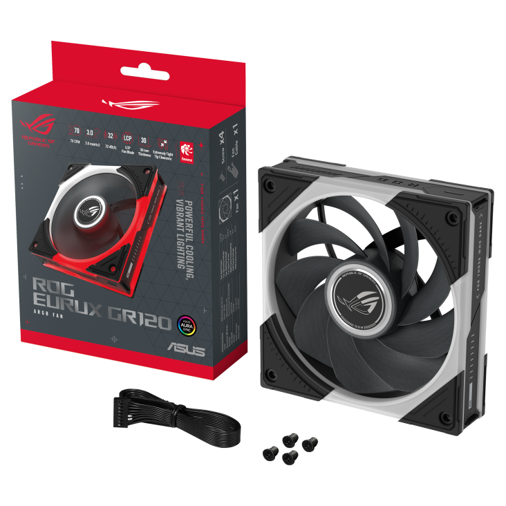 ROG Eurux GR120 ARGB Reverse Fan Black single pack color box, with accessories