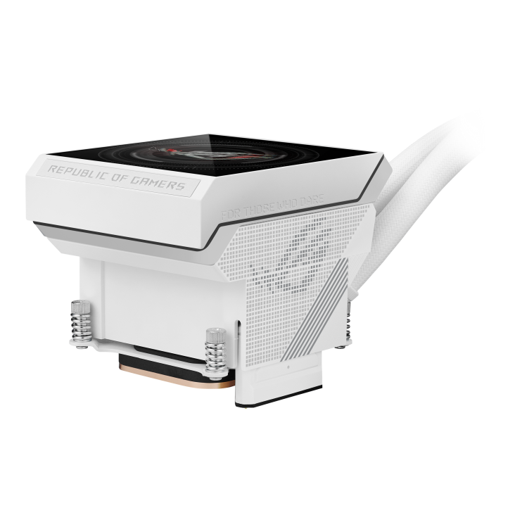 ROG Strix SLC IV 360 ARGB LCD White Edition – three-quarter angled close-up of the pump and LCD block corner with mounting screws visible