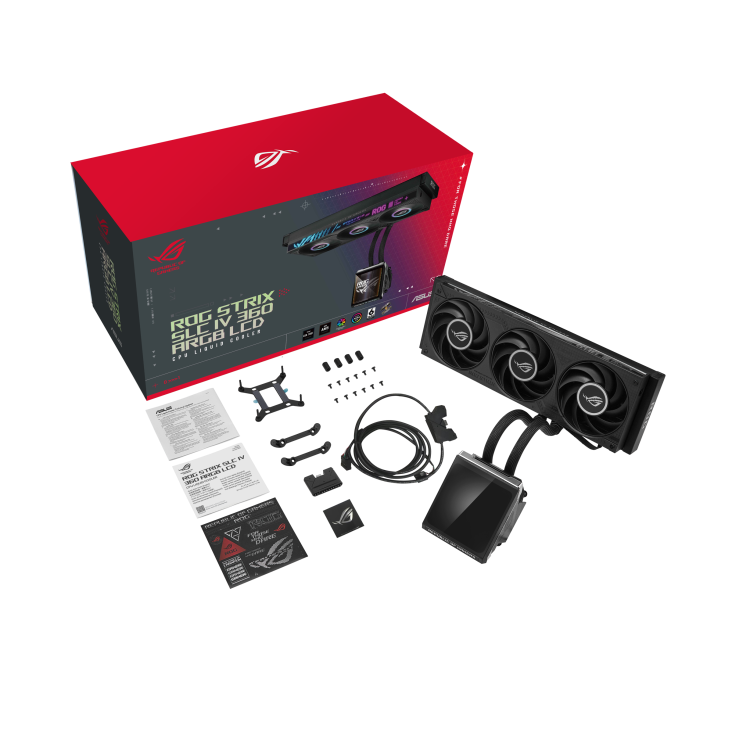 ROG Strix SLC IV 360 ARGB LCD – flat-lay of the full retail packaging contents including box, radiator, pump, cables, brackets, and manual