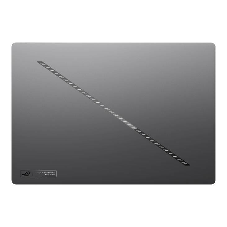 13_2026 Zephyrus G16 Top down view of the Zephyrus G16 with the lid closed, with emphasis on the Slash Lighting