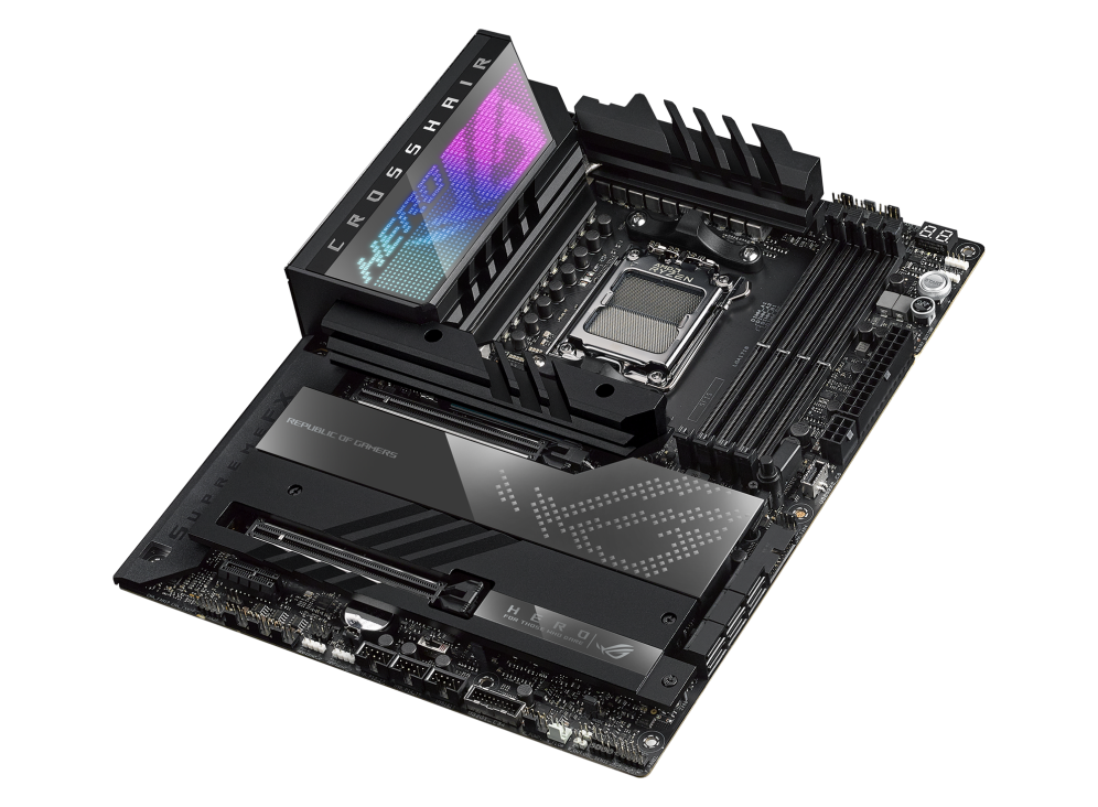 ROG CROSSHAIR X670E HERO top and angled view from right