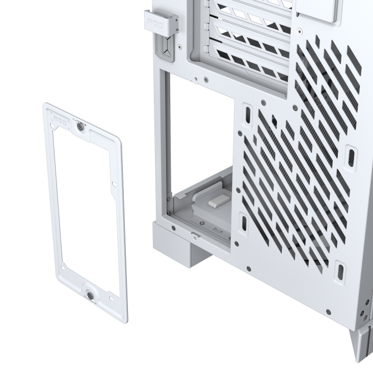 A detachable PSU bracket on the rear of the ROG Cronox Dual TG White