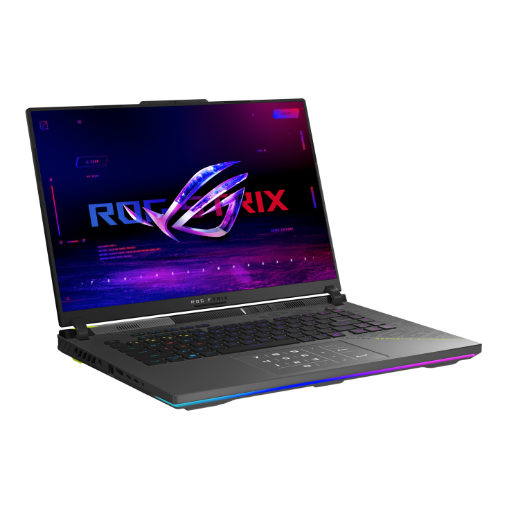 Off center shot of the front of the Strix G16, with the ROG Fearless Eye logo on screen