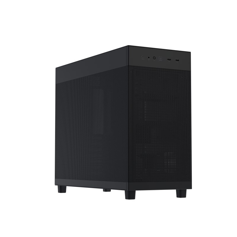 ASUS Prime AP303 Black hero shot showing the front and left side with mesh side panel 