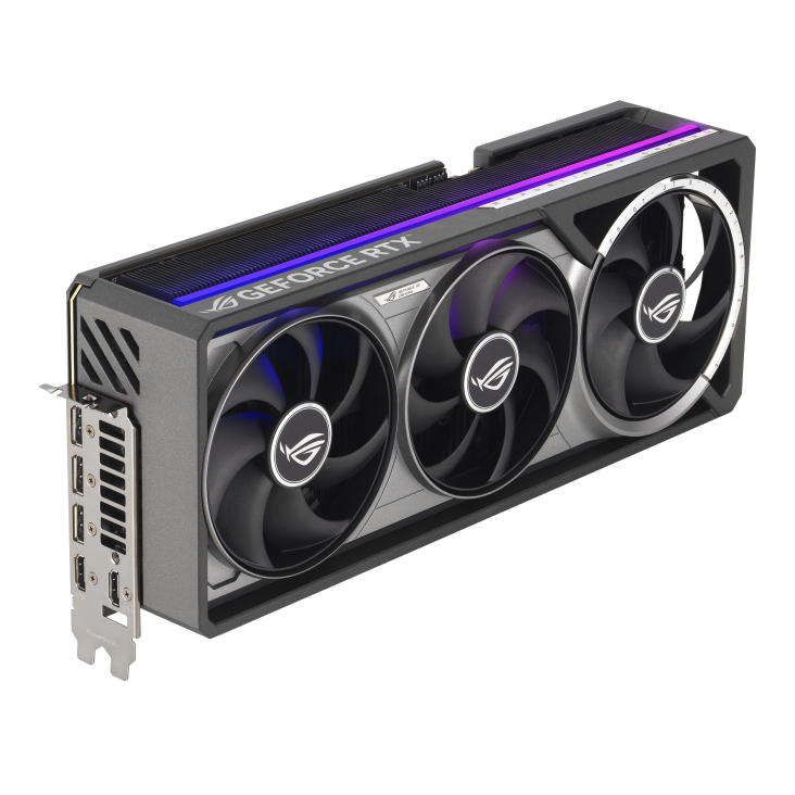 ROG-ASTRAL-RTX5080-16G-GAMING_angled top down view focous on IO+lighting