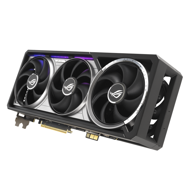 04_ROG-Astral-RTX5090-BTF_angled top down view focous on fans+lighting