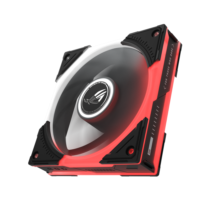 ROG Eurux GR120 ARGB Fan reverse blade Black tilted 60 degree angle with rotating fan blade and ARGB lighting