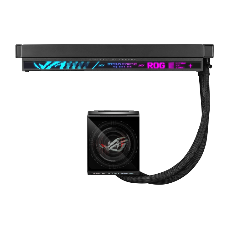 ROG Strix LC IV 360 ARGB LCD – full unit orthographic layout, radiator flat on top connected by hose to the pump block below
