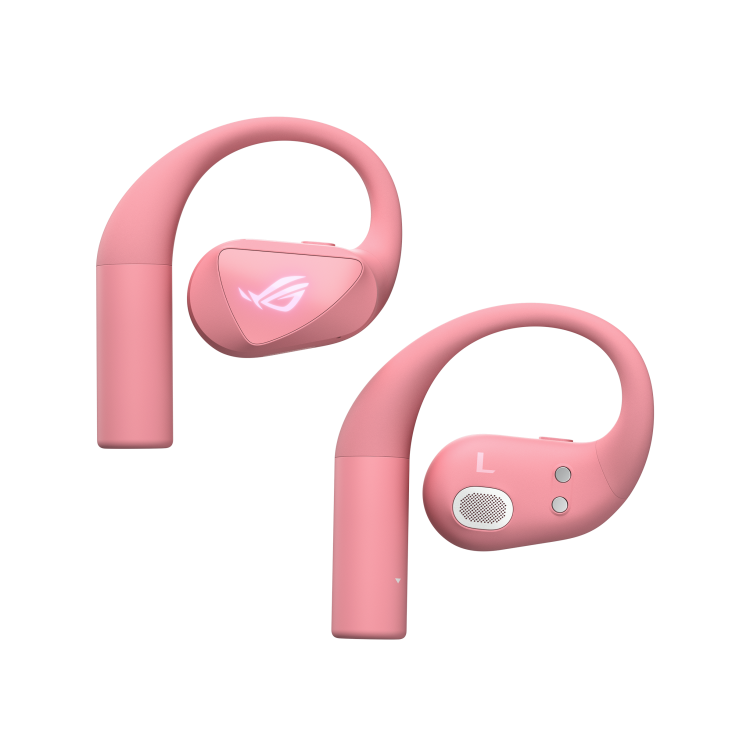 Side view of ROG Cetra Open Wireless gaming earbuds in Dusk Pink highlighting the earhook design and ROG logo.