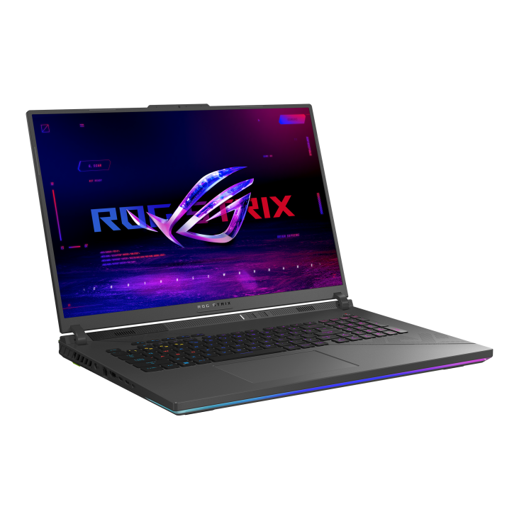 Off center shot of the front of the Strix G18, with the ROG Fearless Eye logo on screen