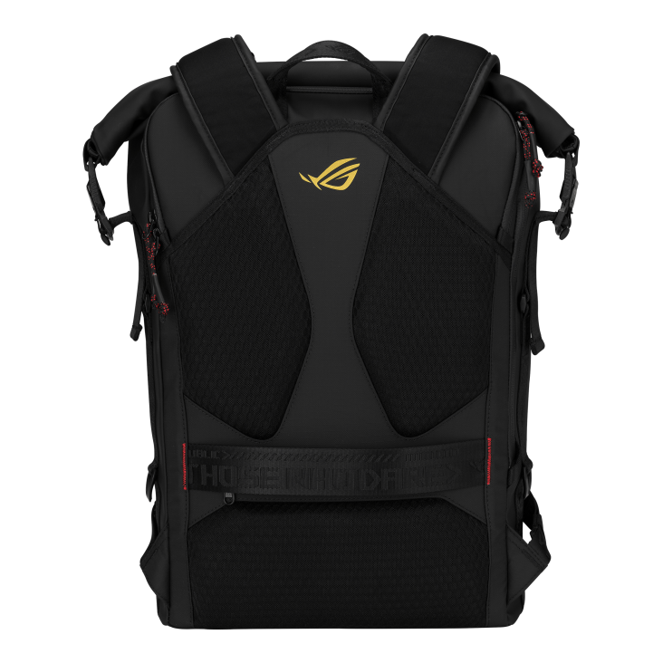 Black ROG backpack, rear view, with gold logo