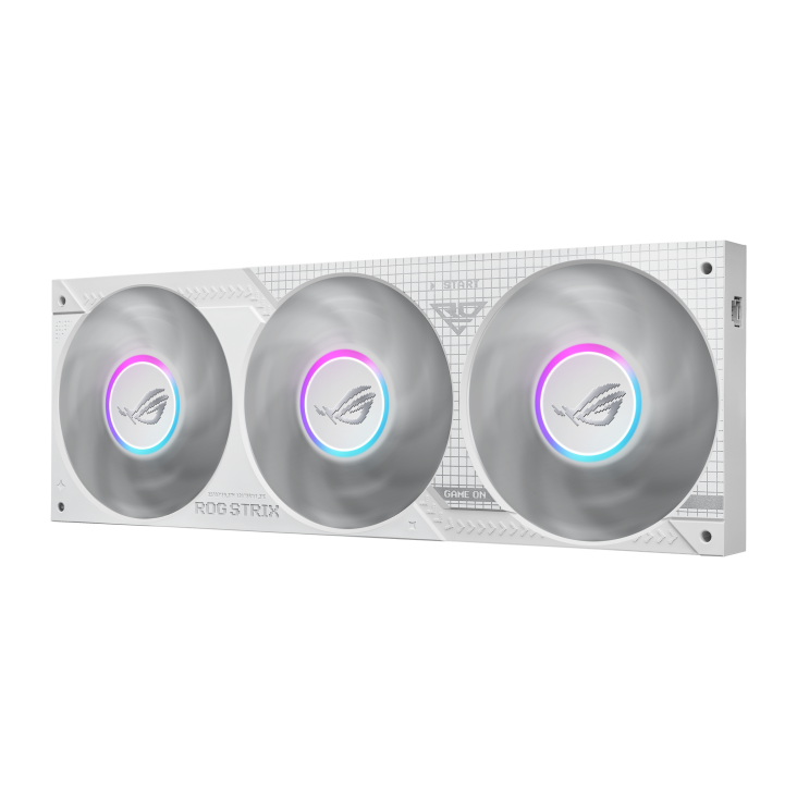 ROG Strix SLC IV 360 ARGB LCD White Edition – front three-quarter view of the three fans only, radiator side edge with connector visible