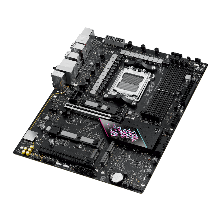 ROG STRIX B850-E GAMING WIFI top view, angled 45 degrees to the left
