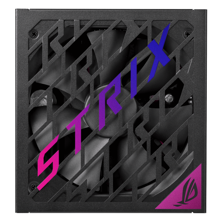 Top side of ROG Strix 1200W Platinum focus on fan with purple customized sticker attached