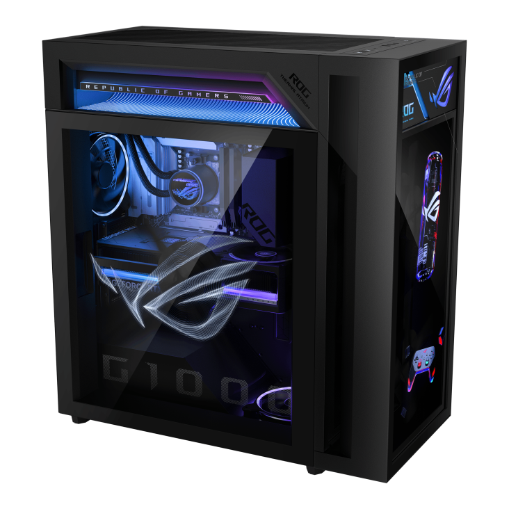 05_ROG G1000 (2026) GM1000 A hovering ROG logo is projected from the fan, with a joystick on the left glass
