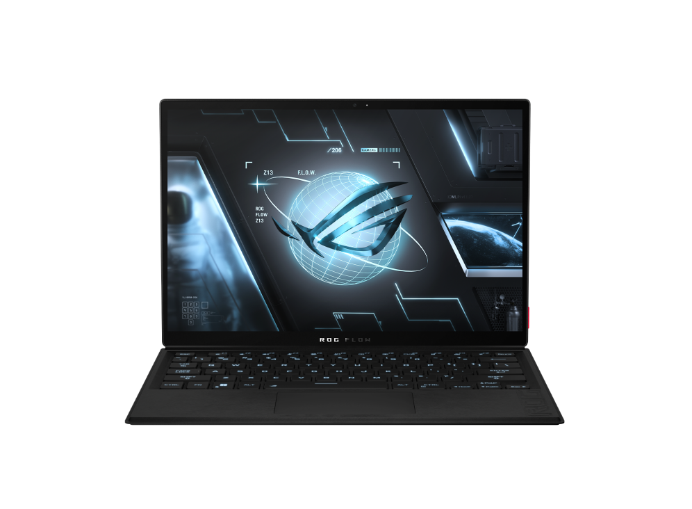 Flow Z13, with the keyboard extended and the ROG logo on screen.