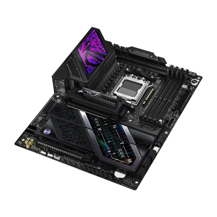 ROG STRIX X870E-E GAMING WIFI7 NEO top view, angled 45 degrees to the right