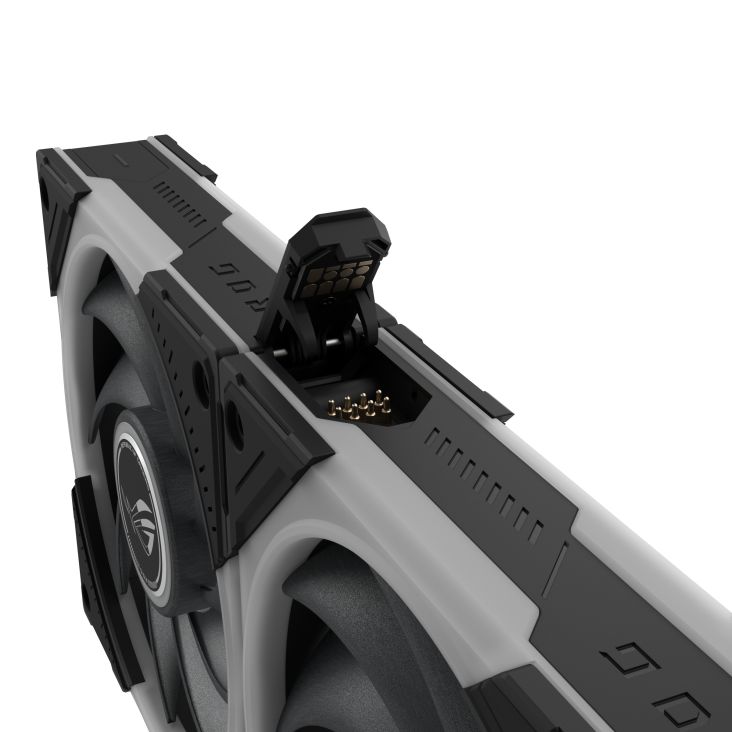 Highlight of ROG Eurux GR120 ARGB Fan patented daisy-chain connectors