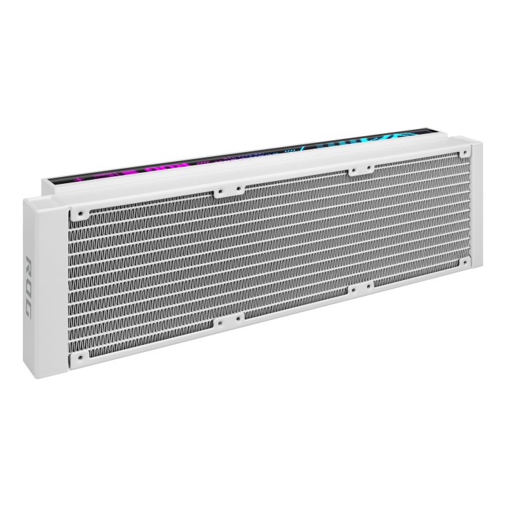 ROG Strix LC IV 360 ARGB LCD White Edition – angled top-down view of the radiator fin pattern with the LCD strip and ROG side logo