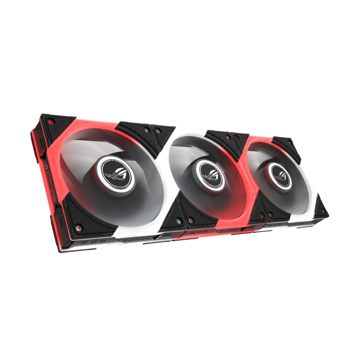 ROG Eurux GR120 ARGB Fan Triple pack Black hero angle with rotating fan blade and ARGB lighting
