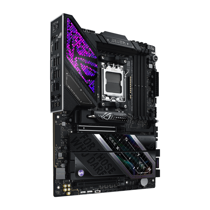 ROG STRIX X870E-E GAMING WIFI7 NEO front view, 45 degrees, viewed from left