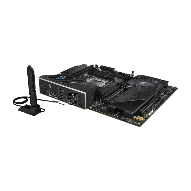 Side view of the ROG Strix B850-F Gaming WiFi 7 Neo motherboard standing next to the included WiFi 7 antenna