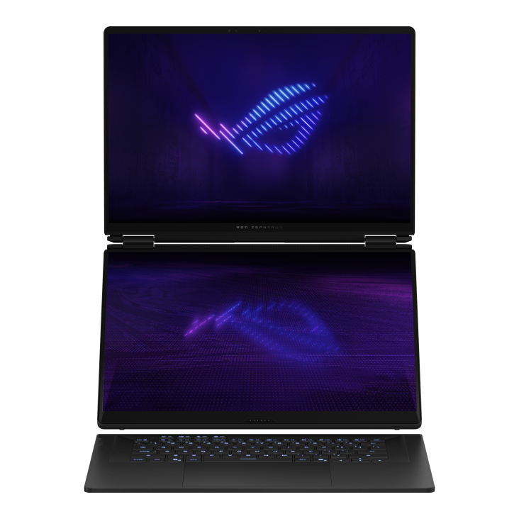 01_ROG Zephyrus DUO 16 (2026) with two vertical screens and illuminated keyboard