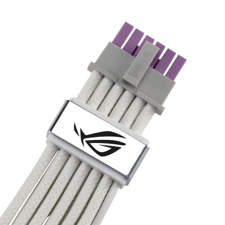 ROG Equalizer White Edition, close-up of a white etched cable, showing purple connector and a prominent silver module with the ROG eye logo, which is the main functional source for current equalization and temperature reduction.