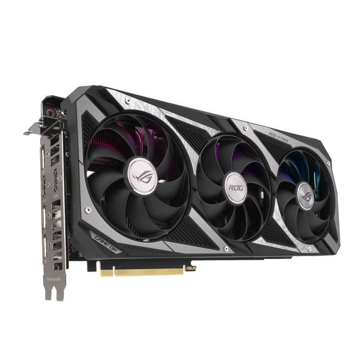 ROG-STRIX-RTX3060-12G-V2-GAMING graphics card, angled top down view, highlighting the fans, ARGB element, and I/O ports