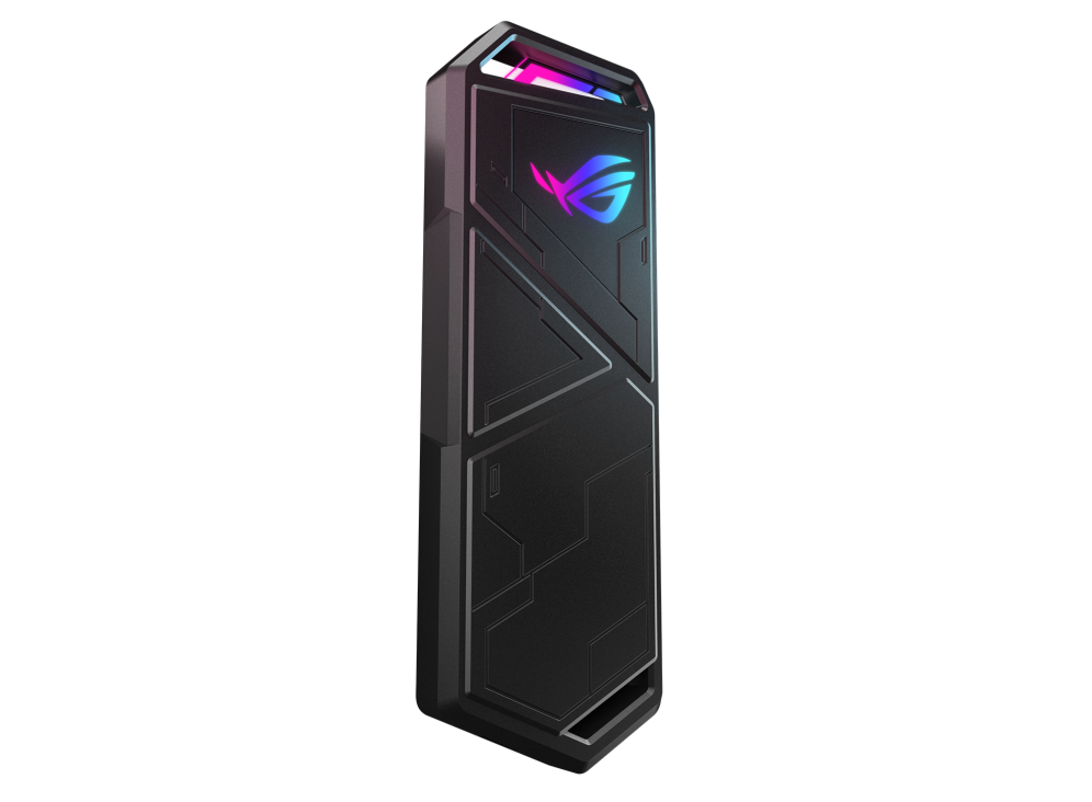 ROG Strix Arion S500 front view, tilted 45 degrees, with AURA lighting