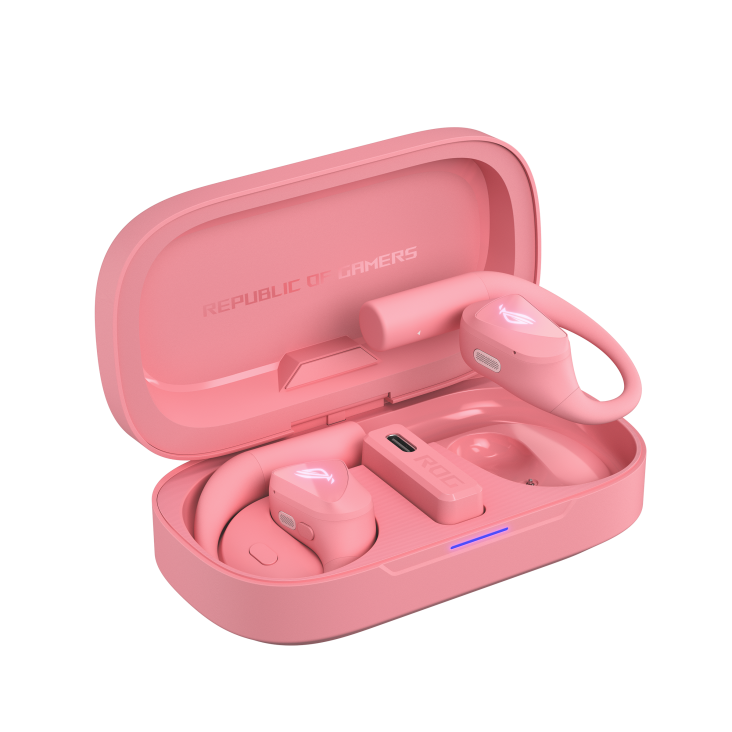 ROG Cetra Open Wireless gaming earbuds in Dusk Pink resting inside the opened charging case.