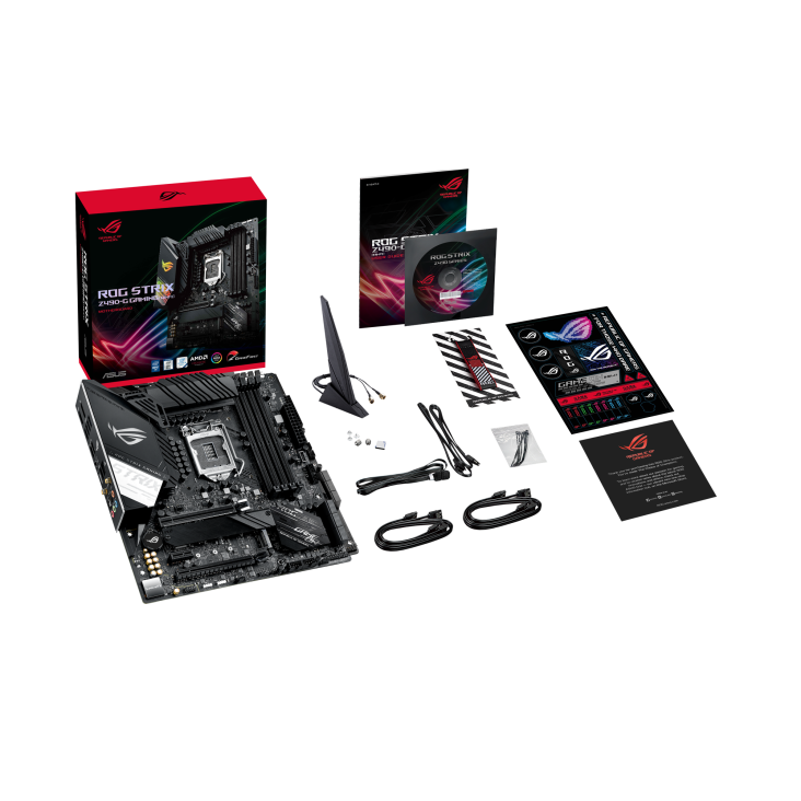 ROG STRIX Z490-G GAMING (WI-FI) top view with what’s inside the box