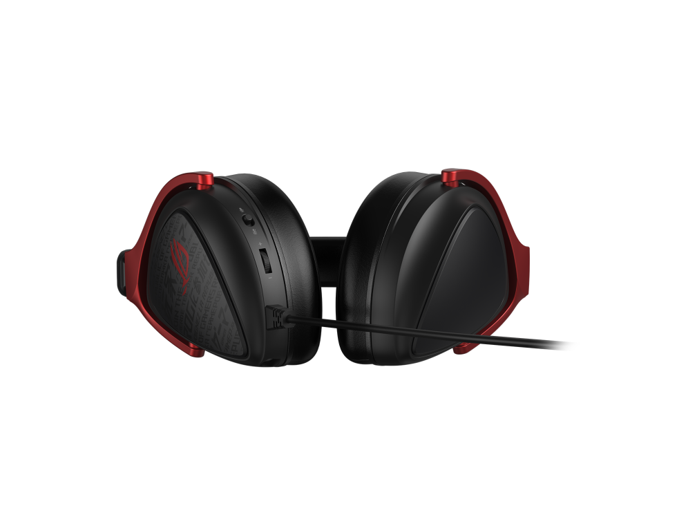 ROG Delta S Core, a wired, 3.5mm connection, PC, PS5, PS4, Switch and Xbox gaming headset focusing on the left of the earcup.