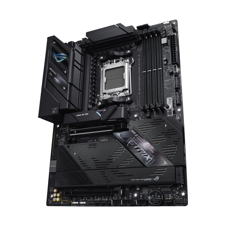 Front-facing angled view of the ROG Strix B850-F Gaming WiFi 7 Neo motherboard standing upright