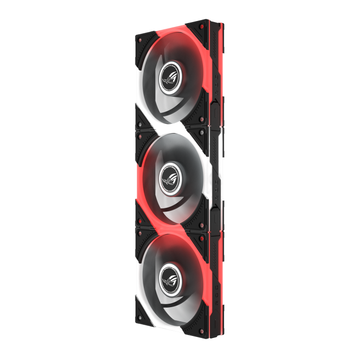 A vertical, straight-on view of the ROG Eurux GR120 ARGB fans, highlighting the sleek uniformity of the stacked design with sequential red and white ARGB accents.