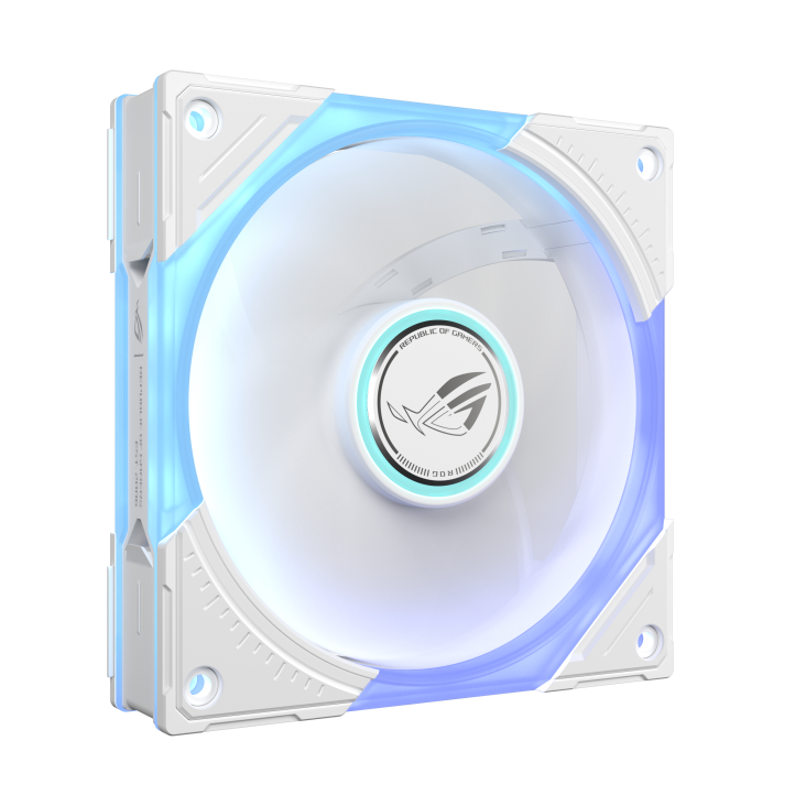 ROG Eurux GR120 ARGB Fan reverse blade White 45 degree angle with rotating fan blade and ARGB lighting
