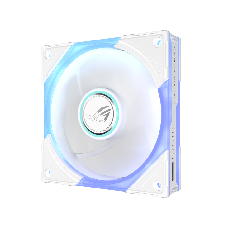 ROG Eurux GR120 ARGB Fan White left 45 degree angle with rotating fan blade and ARGB lighting