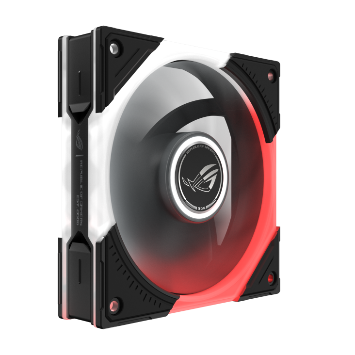 ROG Eurux GR120 ARGB Fan Black 45 degree angle with rotating fan blade and ARGB lighting