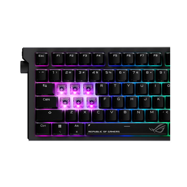 Focus view of ROG Strix Morph 96 Wireless with keycaps removed, revealing ROG NX Storm V2 switches