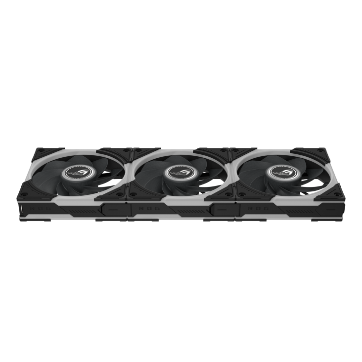 Top down view of ROG Eurux GR120 ARGB Fan Triple pack reverse blade Black showing side frame with patented daisy chain and ROG patterns 