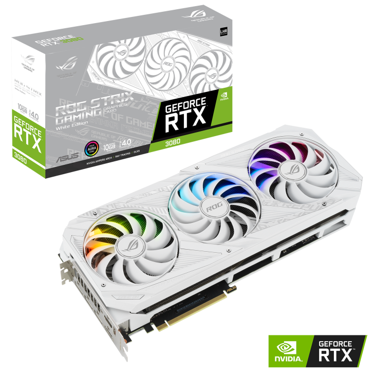 ROG-STRIX-RTX3080-10G-WHITE-V2 graphics card, front view with NVIDIA logo