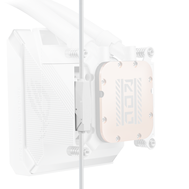ROG Strix SLC IV 360 ARGB LCD White Edition – three-quarter close-up of the pump top plate showing the rose-gold ROG logo cover with connector cable and pins visible