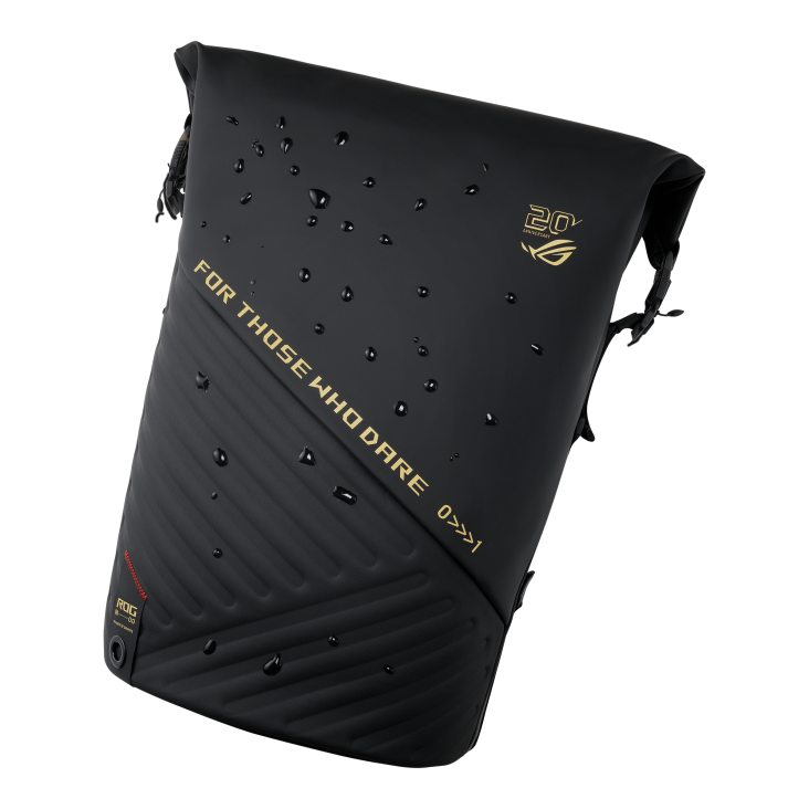 Black ROG waterproof bag, water droplets