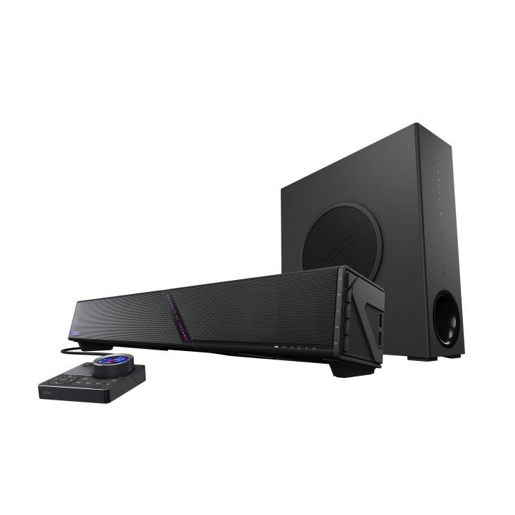 ROG Gjallar PC gaming soundbar side view angled from left bottom with wireless subwoofer and audio control hub