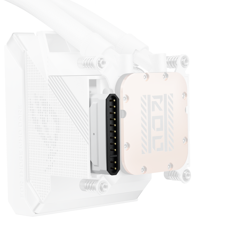ROG Strix SLC IV 360 ARGB LCD White Edition – three-quarter close-up of the pump top plate showing the rose-gold ROG logo cover, no cable visible